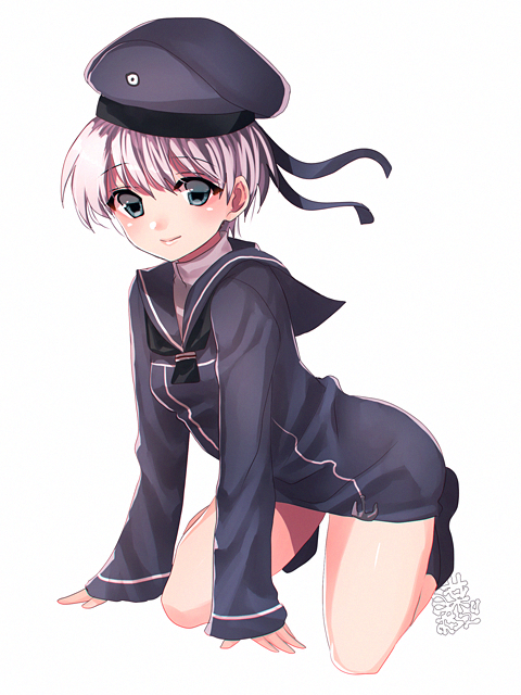 1girl bangs blue_dress blue_eyes blue_headwear blue_sailor_collar breasts closed_mouth dress eyebrows_visible_through_hair full_body hakusai_ponzu hat kantai_collection kneeling long_sleeves looking_at_viewer sailor_collar sailor_dress sailor_hat short_dress short_hair silver_hair simple_background sleeves_past_wrists small_breasts smile solo white_background z1_leberecht_maass_(kantai_collection)
