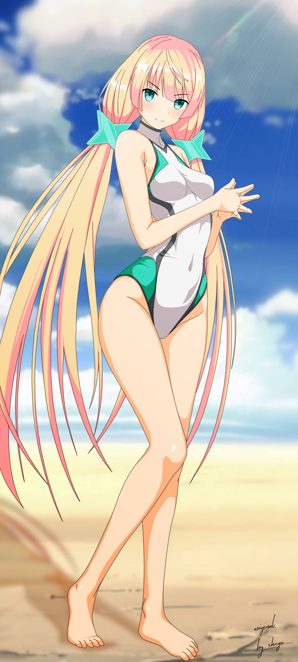 1girl angela_balzac bad_id bangs beach benjoerres blonde_hair blurry blurry_background breasts clouds competition_swimsuit covered_navel day eyebrows_visible_through_hair floating_hair full_body green_eyes groin hair_ornament hands_together highleg highleg_swimsuit highres long_hair looking_at_viewer medium_breasts one-piece_swimsuit outdoors rakuen_tsuihou shiny shiny_hair signature smile solo standing star star_hair_ornament sunlight swimsuit twintails very_long_hair white_swimsuit