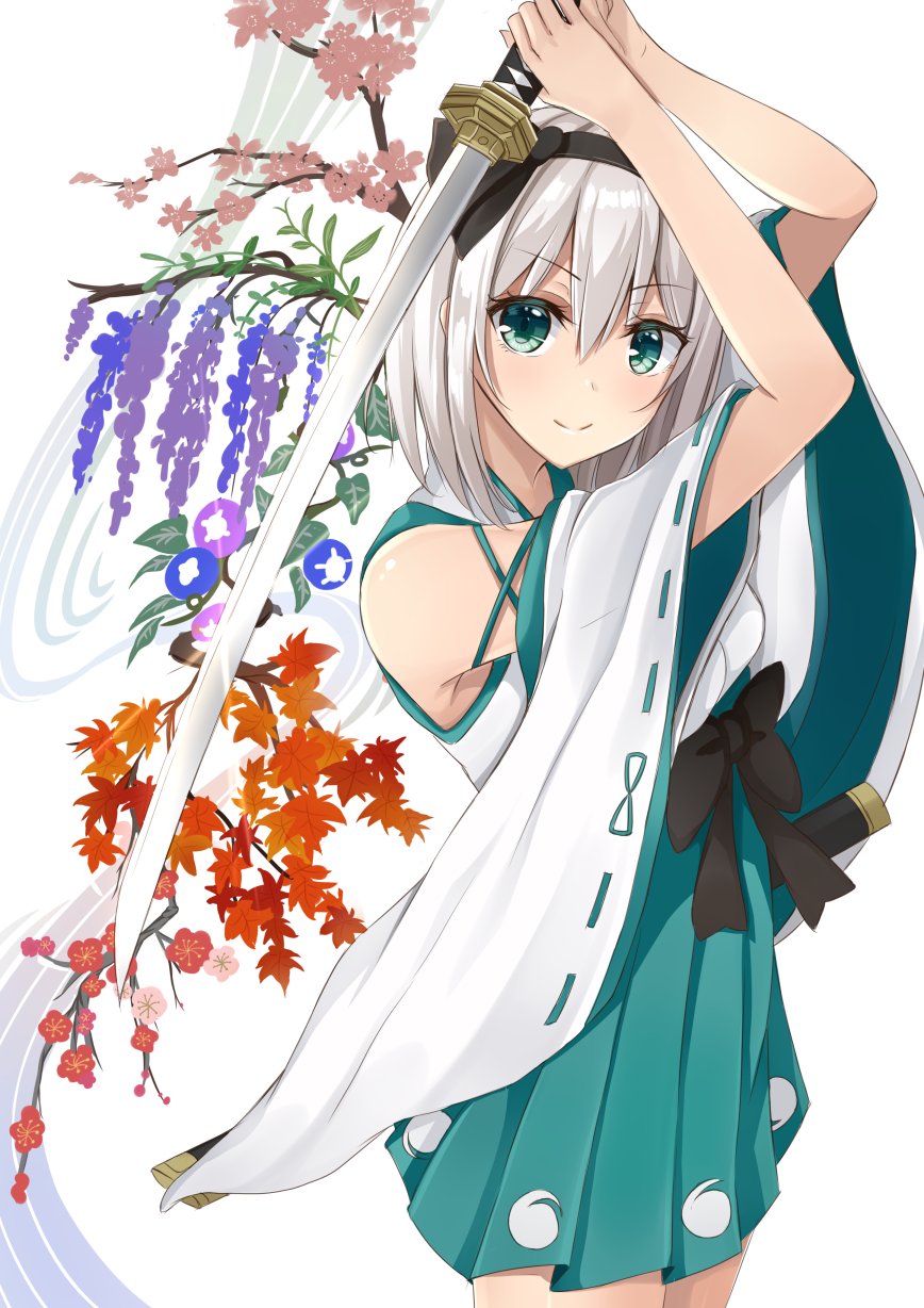1girl adapted_costume arms_up autumn_leaves bangs bare_shoulders black_bow black_hairband black_ribbon blush bow branch breasts cherry_blossoms commentary_request cowboy_shot detached_sleeves eyebrows_visible_through_hair flower green_eyes green_skirt hair_between_eyes hair_ribbon hairband highres holding holding_sword holding_weapon katana konpaku_youmu leaf long_sleeves looking_at_viewer medium_breasts miniskirt pleated_skirt purple_flower ribbon ribbon-trimmed_sleeves ribbon_trim sakuramochi_usa scabbard sheath shirt short_hair sidelocks silver_hair skirt smile solo standing sword touhou weapon white_background white_shirt wide_sleeves