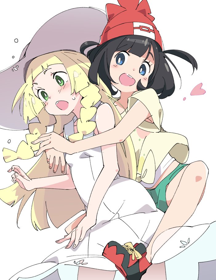 2girls :d beanie black_hair blonde_hair blue_eyes blush creatures_(company) dress game_freak green_eyes green_shorts hat hug hug_from_behind ixy lillie_(pokemon) long_hair looking_at_another mizuki_(pokemon) multiple_girls nintendo open_mouth pokemon pokemon_(game) pokemon_sm red_headwear shoes short_hair short_sleeves shorts simple_background sleeveless sleeveless_dress smile teeth white_background white_dress white_headwear