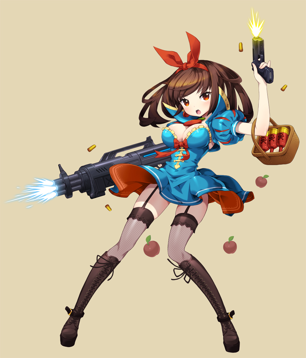 1girl :o apple basket black_legwear blue_dress boots bow breasts brown_background brown_footwear brown_hair bullet cleavage comiccho copyright_request cross-laced_footwear dress dual_wielding food fruit full_body garter_straps gun hair_bow highres holding holding_gun holding_weapon knee_boots looking_at_viewer medium_breasts poison puffy_short_sleeves puffy_sleeves red_bow red_eyes short_sleeves snow_white solo standing thigh-highs weapon