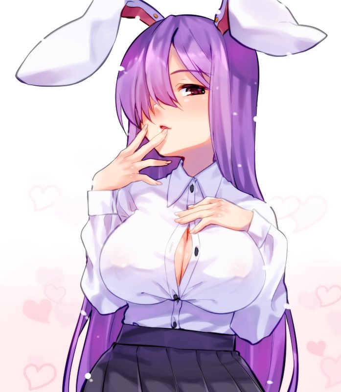 1girl animal_ears black_skirt blush breasts bunny_girl busujima_funya button_gap cleavage collared_shirt commentary_request fingers_to_mouth hair_over_one_eye hand_on_own_chest hand_up heart heart_background large_breasts long_hair no_bra parted_lips partially_unbuttoned pleated_skirt purple_hair rabbit_ears red_eyes reisen_udongein_inaba shirt shirt_tucked_in simple_background skirt solo touhou very_long_hair white_shirt