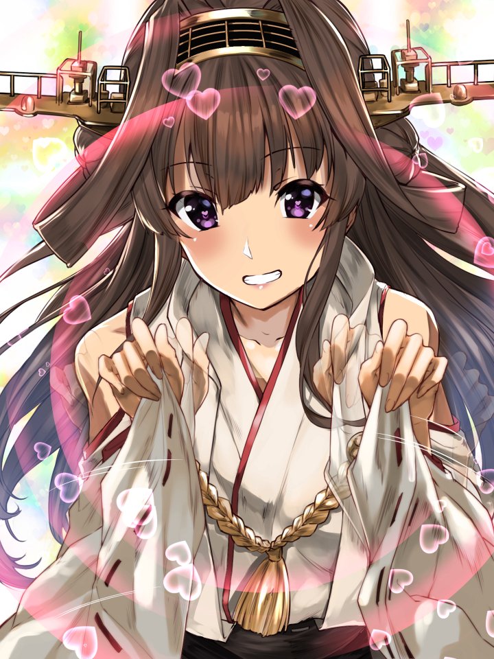 1girl ahoge bangs bare_shoulders blush breasts brown_hair collarbone detached_sleeves double_bun grin hairband headgear heart heart-shaped_pupils japanese_clothes kantai_collection kongou_(kantai_collection) long_hair looking_at_viewer motion_blur nontraditional_miko remodel_(kantai_collection) sidelocks skirt smile solo symbol-shaped_pupils upper_body violet_eyes youmou_usagi
