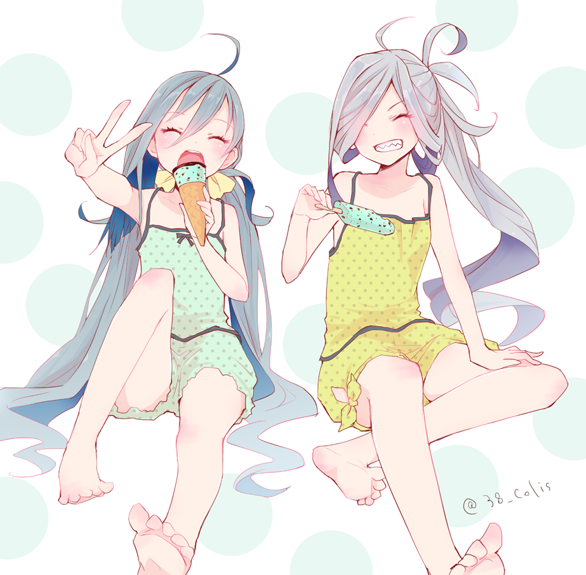 2girls ahoge alternate_costume asashimo_(kantai_collection) barefoot blue_camisole blue_shorts casual closed_eyes colis eating facing_viewer food full_body grey_hair grin hair_between_eyes hair_over_one_eye ice_cream kantai_collection kiyoshimo_(kantai_collection) long_hair low_twintails multiple_girls open_mouth polka_dot polka_dot_background polka_dot_camisole polka_dot_shorts ponytail puffy_shorts round_teeth sharp_teeth shorts silver_hair smile teeth twintails twitter_username upper_teeth v white_background yellow_camisole yellow_shorts