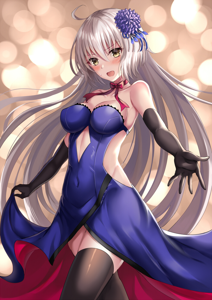 1girl :d ahoge bangs bare_shoulders black_gloves black_legwear blue_dress blurry blush bokeh breasts cleavage collarbone commentary covered_navel cowboy_shot curtsey depth_of_field dress eyebrows_visible_through_hair fate/grand_order fate_(series) flower gloves hair_flower hair_ornament harimoji jeanne_d'arc_(alter)_(fate) jeanne_d'arc_(fate)_(all) large_breasts long_hair looking_at_viewer open_mouth outstretched_arm reaching_out short_hair sidelocks silver_hair sleeveless sleeveless_dress smile solo standing strapless strapless_dress sweatdrop thigh-highs yellow_eyes