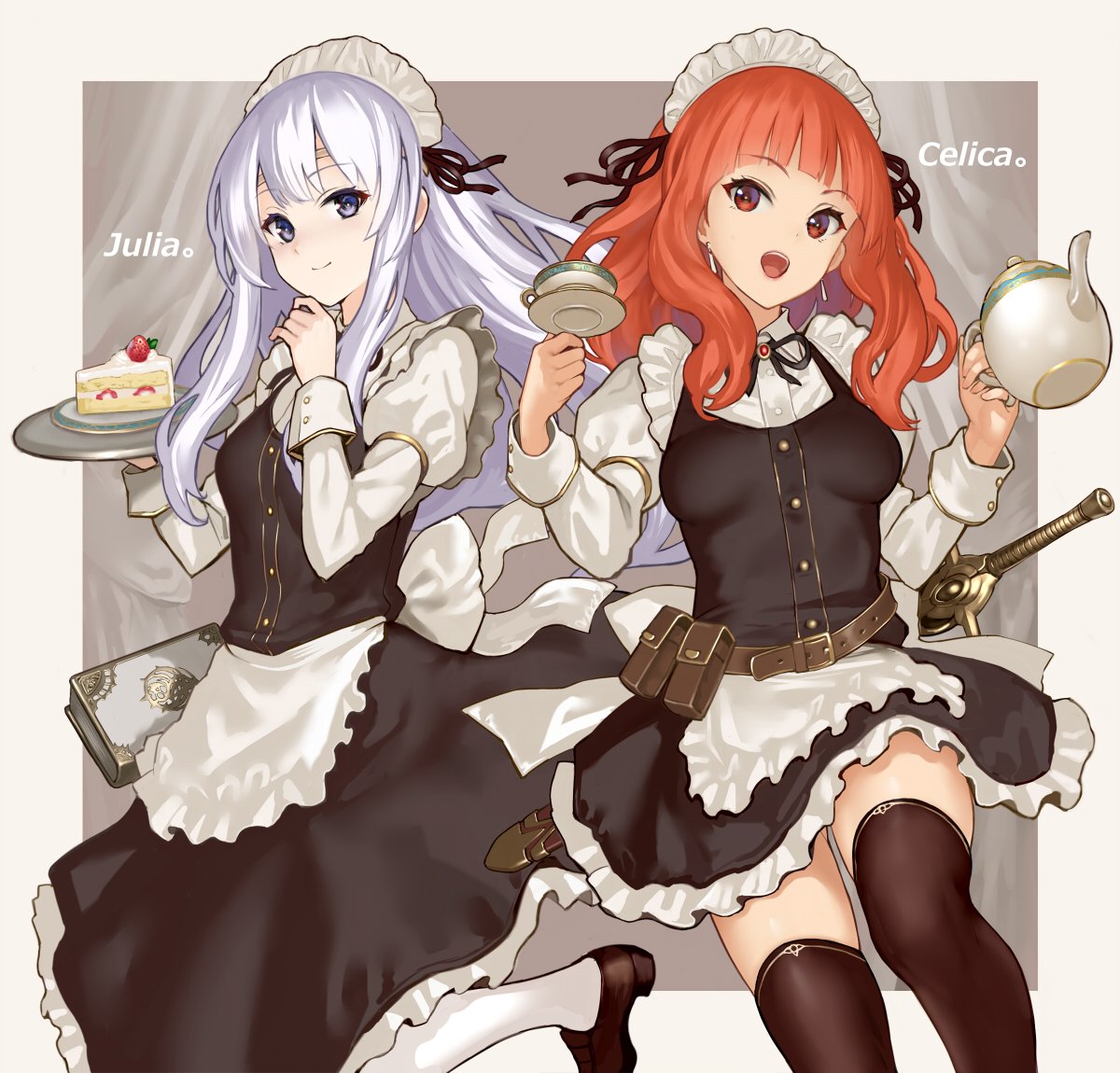 2girls alternate_costume belt belt_pouch book cake celica_(fire_emblem) character_name circlet closed_mouth cup fire_emblem fire_emblem:_seisen_no_keifu fire_emblem_echoes:_mou_hitori_no_eiyuuou fire_emblem_gaiden fire_emblem_heroes food hiyashiru holding holding_plate holding_teapot intelligent_systems long_hair long_sleeves maid maid_headdress moe multiple_girls nintendo open_mouth plate pouch purple_hair red_eyes redhead scabbard sheath sheathed slice_of_cake smile super_smash_bros. sword teacup teapot thigh-highs violet_eyes weapon white_legwear yuria_(fire_emblem)