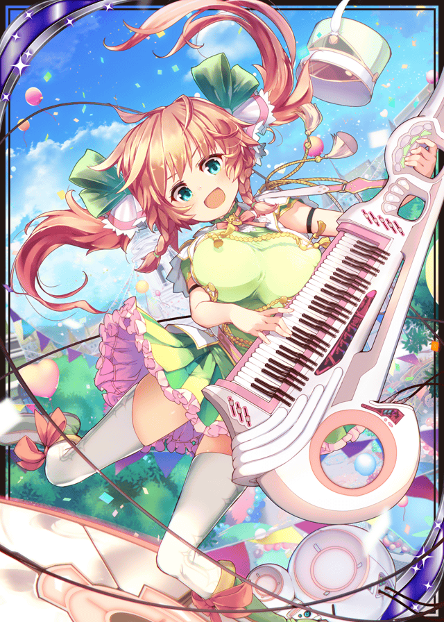 1girl :d aqua_eyes balloon band_uniform blue_sky braid breasts card_(medium) clouds confetti frilled_skirt frills green_ribbon instrument jumping keyboard_(instrument) large_breasts official_art open_mouth orange_hair pink_ribbon ribbon shinkai_no_valkyrie skirt sky smile thigh-highs twin_braids twintails uro_(oolong)