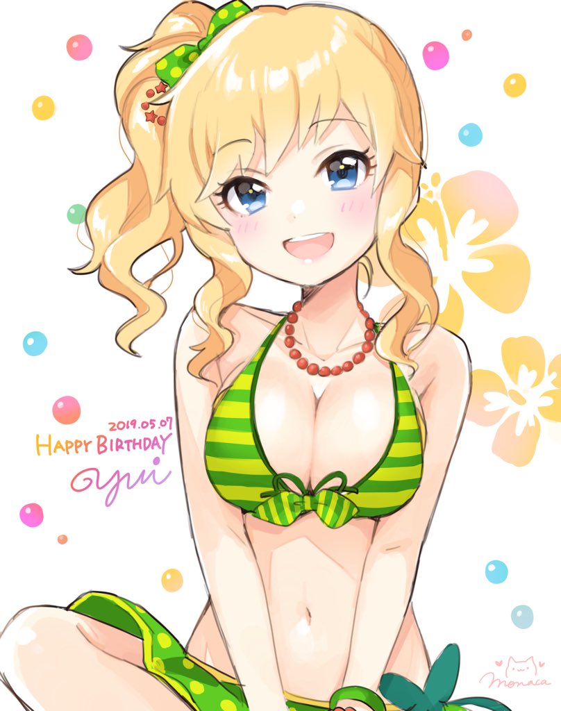 1girl artist_name bikini blonde_hair blue_eyes bow breasts character_name cleavage dated eyebrows_visible_through_hair green_bow hair_bow happy_birthday idolmaster idolmaster_cinderella_girls jewelry large_breasts looking_at_viewer monaca_y navel necklace ootsuki_yui short_hair short_ponytail side_ponytail solo swimsuit