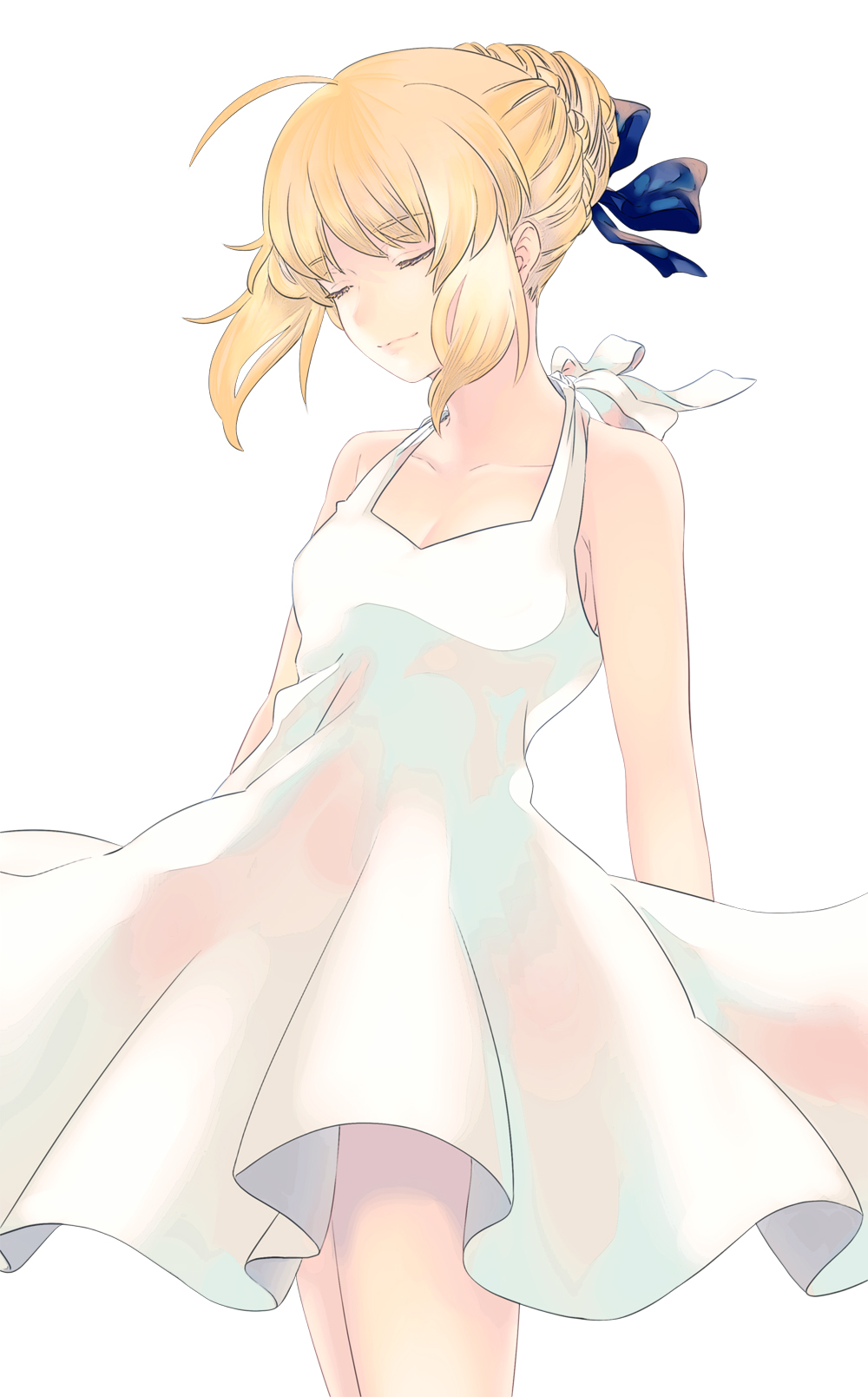 1girl ahoge artoria_pendragon_(all) bangs blonde_hair blue_ribbon braided_bun breasts cleavage closed_eyes collarbone cowboy_shot dress eyebrows_visible_through_hair fate/stay_night fate_(series) floating_hair hair_ribbon halterneck highres ribbon saber see-through short_dress short_hair simple_background sleeveless sleeveless_dress small_breasts solo standing sundress suzuakks white_background white_dress white_ribbon