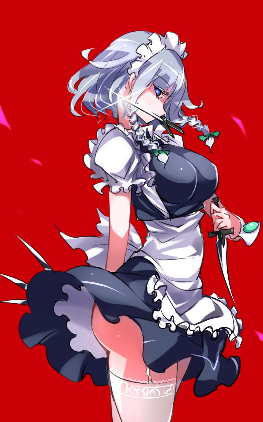 1girl apron arm_behind_back ass bangs blue_eyes blue_skirt blue_vest bow braid breasts commentary_request cowboy_shot eyebrows_visible_through_hair frilled_apron frills from_side garter_straps glint green_bow hair_bow head_tilt highres holding holding_knife holding_weapon izayoi_sakuya knife large_breasts looking_at_viewer maid maid_apron maid_headdress miniskirt mouth_hold profile puffy_short_sleeves puffy_sleeves raptor7 red_background reverse_grip shirt short_hair short_sleeves silver_hair simple_background skirt skirt_set solo standing thigh-highs thighs touhou twin_braids vest waist_apron weapon white_apron white_legwear white_shirt wrist_cuffs