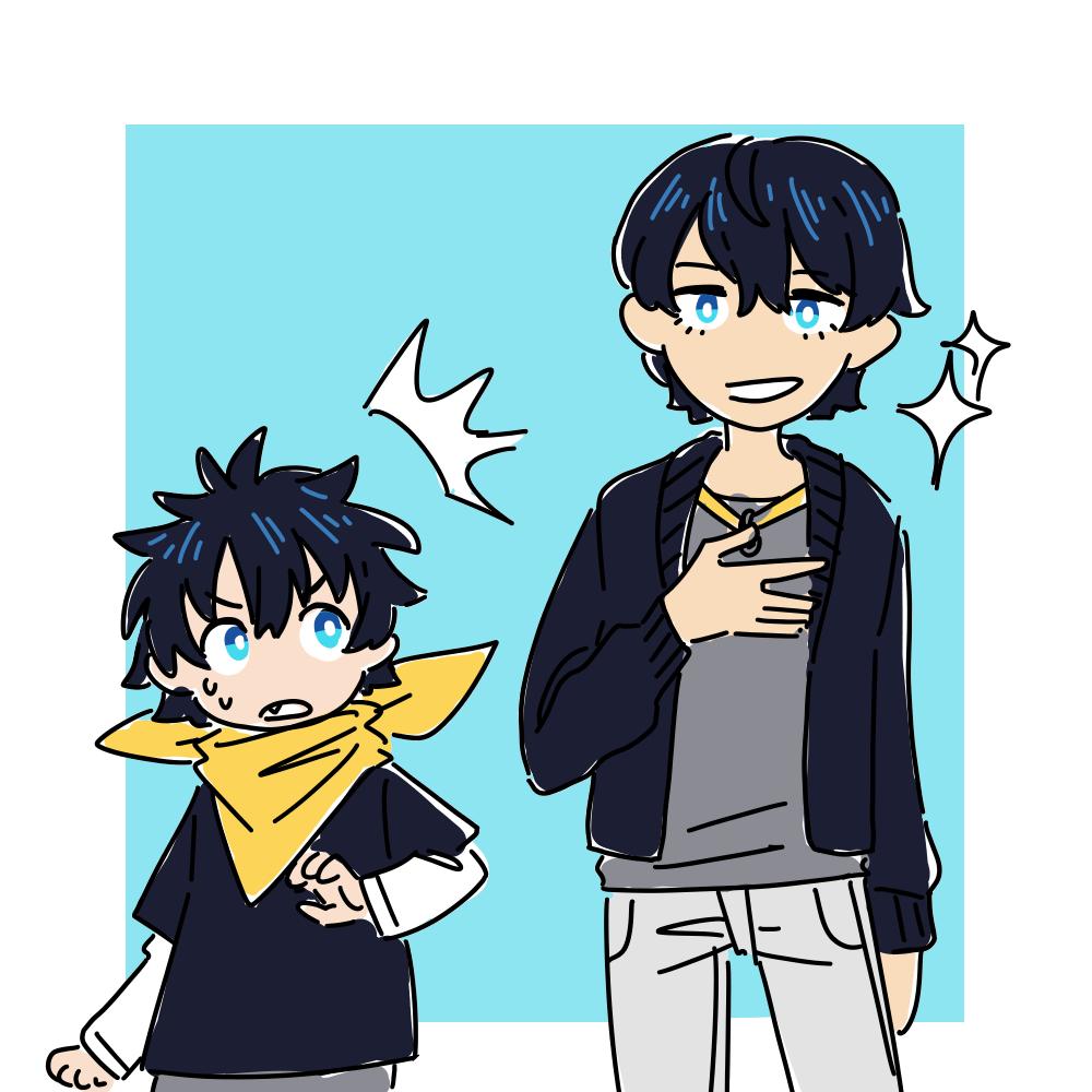 2boys atlus bandanna black_hair blue_eyes cardigan child commentary dual_persona english_commentary fang gijinka looking_at_another male_focus megami_tensei morgana_(persona_5) multiple_boys pants persona persona_5 persona_5_the_royal personification soap-on-a-stick sparkle surprised white_pants yellow_bandana