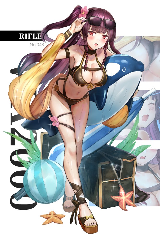 1girl adjusting_eyewear arm_strap ass bag ball bangs bare_shoulders beach_umbrella beachball bikini black_bikini blush bow breasts choker cleavage expressions eyebrows_visible_through_hair flower frown full_body girls_frontline hair_flower hair_ornament hair_ribbon half_updo holding inflatable_dolphin inflatable_toy large_breasts leaning_forward long_hair looking_at_viewer multiple_views one_side_up open_mouth purple_hair qian_wu_atai red_eyes ribbon shoe_bow shoes simple_background starfish sunglasses swimsuit thigh_strap tsurime umbrella very_long_hair wa2000_(girls_frontline) wet white_background wrist_straps