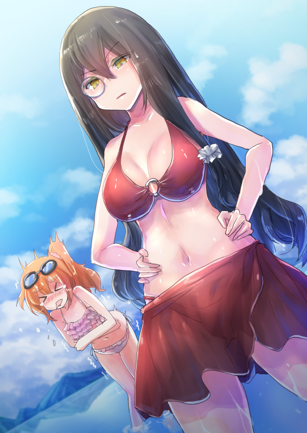 &gt;_&lt; 2girls black_hair blush breasts cleavage frilled_swimsuit frills girls_frontline goggles goggles_on_head hands_on_hips helianthus_(girls_frontline) kalina_(girls_frontline) large_breasts long_hair medium_breasts monochrome multiple_girls navel reflection swimsuit wading yellow_eyes yodori-san