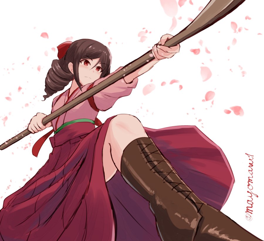 1girl bow brown_footwear brown_hair cherry_blossoms commentary_request cross-laced_footwear drill_hair hair_bow hakama harukaze_(kantai_collection) japanese_clothes kantai_collection kimono mayomaru1 meiji_schoolgirl_uniform naginata perspective petals pink_kimono polearm ponytail pose red_bow red_eyes red_hakama simple_background solo weapon white_background