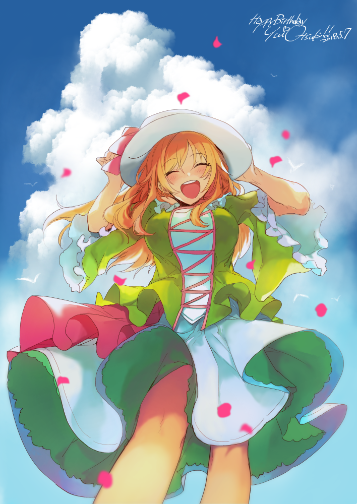 1girl blonde_hair blush bow breasts closed_eyes clouds commentary_request dated dot_nose dress eyebrows_visible_through_hair feet_out_of_frame from_below green_dress happy_birthday hat hat_bow hazuki_(nature.) idolmaster idolmaster_cinderella_girls large_breasts leaf long_hair long_sleeves ootsuki_yui open_mouth outdoors sky solo upper_teeth white_headwear wide_sleeves