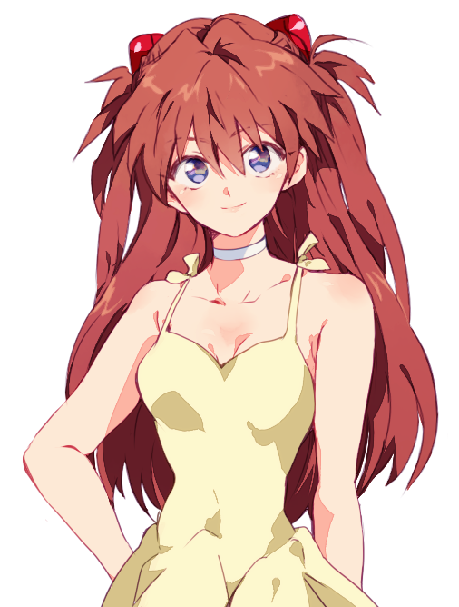 1girl blue_eyes breasts brown_hair chokota cleavage closed_mouth commentary_request dress hair_ornament long_hair looking_at_viewer neon_genesis_evangelion simple_background smile solo souryuu_asuka_langley white_background