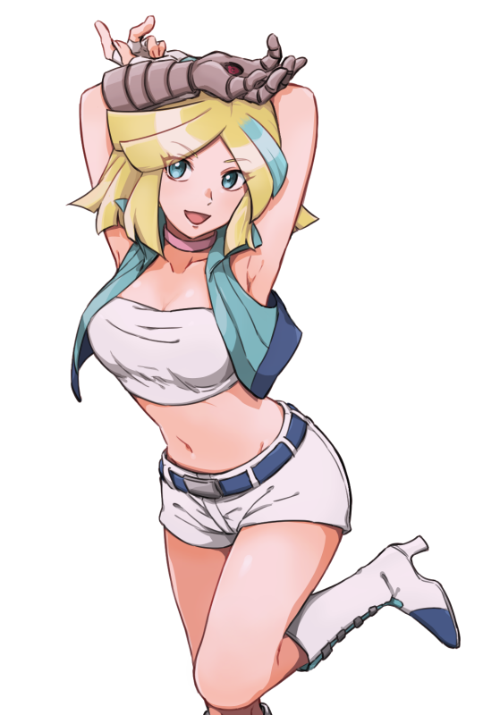 1girl :d blonde_hair blue_eye_(pokemon) blue_eyes boots breasts creatures_(company) feet_out_of_frame game_freak iruzu_(pixiv27236115) looking_at_viewer medium_breasts medium_hair multicolored_hair nintendo open_mouth pokemon pokemon_pinchers pokemon_ranger pose short_shorts shorts simple_background smile solo standing standing_on_one_leg two-tone_hair white_background white_footwear white_shorts white_theme