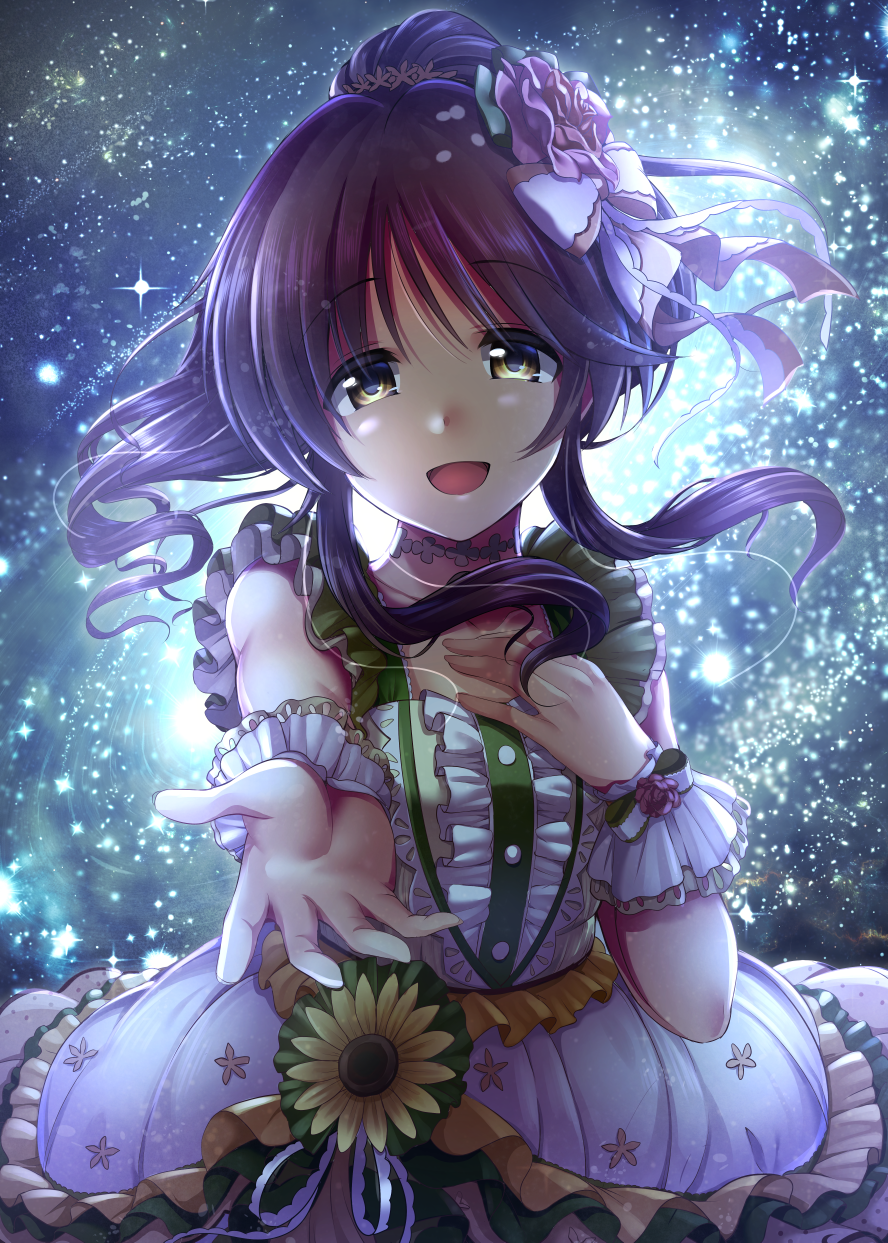 1girl :d bangs bow brown_hair choker collarbone dress eyebrows_visible_through_hair floating_hair flower hair_between_eyes hair_bow hair_flower hair_ornament hair_ribbon highres idolmaster idolmaster_cinderella_girls layered_dress long_hair looking_at_viewer ment open_mouth outstretched_arm pink_flower ponytail print_dress ribbon sleeveless sleeveless_dress smile solo standing takamori_aiko white_bow white_dress white_ribbon wrist_cuffs yellow_eyes