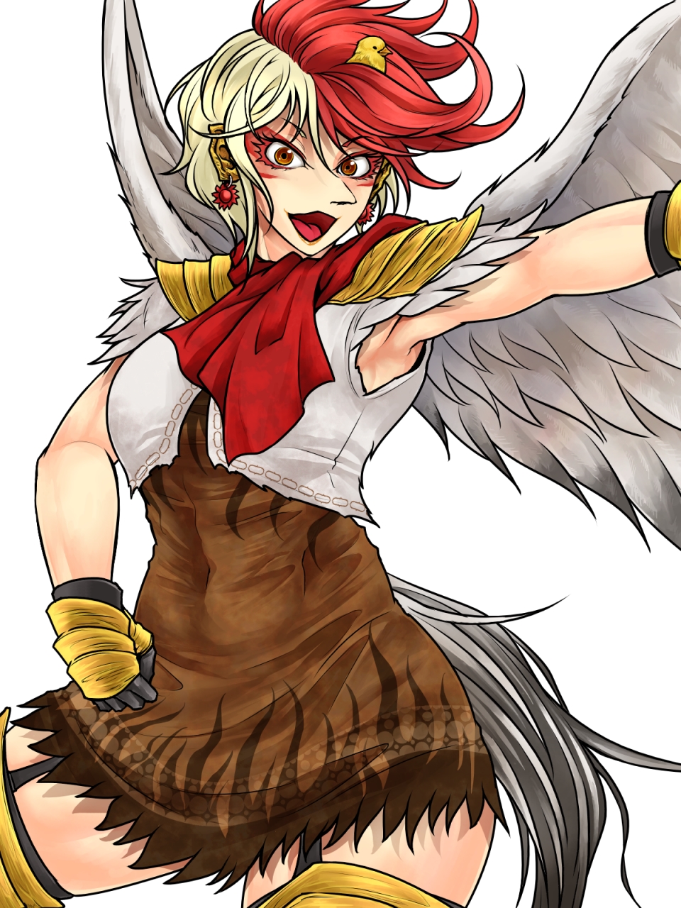 1girl armpits bird bird_tail bird_wings blonde_hair breasts brown_dress capelet chick chick_on_head chicken clenched_hand colored_eyelashes commentary_request covered_navel dress ear_piercing earrings eyeliner facepaint feathered_wings feathers fighting_stance garter_straps highres jewelry looking_at_viewer makeup medium_breasts multicolored_hair navel niwatari_kutaka open_mouth orange_eyes piercing red_eyes red_scarf redhead ryuuichi_(f_dragon) scarf short_dress short_hair shoulder_armor simple_background sleeveless smile solo spaulders sun_earrings thigh-highs toned touhou two-tone_hair war_paint white_background white_capelet wings yellow_legwear zettai_ryouiki