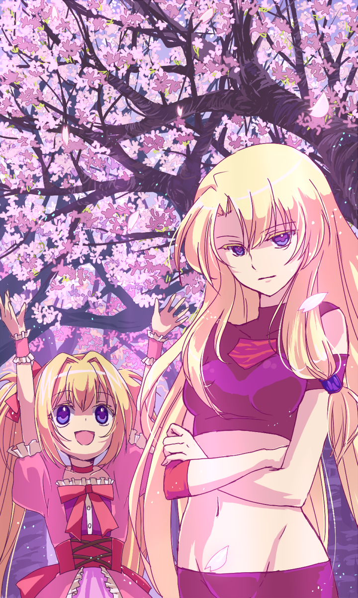 2girls :d arms_up blonde_hair blue_eyes bow breasts breasts_apart cherry_blossoms choker collarbone corset crop_top crossed_arms day densetsu_no_yuusha_no_densetsu dress eyebrows_visible_through_hair ferris_eris floating_hair frilled_sleeves frills hair_bow hair_intakes highres iris_eris jamu_(runtatta) long_hair looking_at_viewer looking_up midriff multiple_girls navel open_mouth outdoors pink_dress red_bow shiny shiny_hair short_sleeves siblings sisters sleeveless small_breasts smile stomach twintails very_long_hair wrist_cuffs