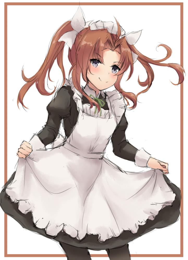 1girl ahoge alternate_costume apron black_dress black_legwear border brown_hair commentary_request dress dress_lift enmaided frilled_apron frills hair_ribbon k_jie kagerou_(kantai_collection) kantai_collection long_hair looking_at_viewer maid necktie pantyhose red_border red_neckwear remodel_(kantai_collection) ribbon simple_background solo standing twintails violet_eyes white_apron white_background white_ribbon