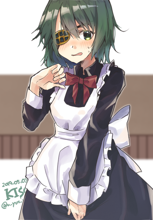 1girl alternate_costume apron black_dress blush character_name commentary_request dated dress embarrassed enmaided eyepatch green_eyes green_hair hair_between_eyes hand_up kantai_collection kiso_(kantai_collection) long_skirt long_sleeves maid maid_apron maid_dress neck_ribbon open_mouth red_ribbon ribbon short_hair skirt skirt_tug solo sweatdrop twitter_username u_yuz_xx upper_body white_apron