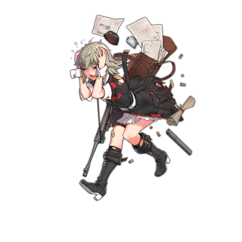 1girl aura bag blue_eyes boots cartridge_case damaged dark_aura eyebrows_visible_through_hair file flat_chest girls_frontline grey_hair gun hat holding_head magazine_(weapon) military military_hat military_uniform mp40_(girls_frontline) mp41 mp41_(girls_frontline) official_art photo_(object) scared scroll solo submachine_gun torn_clothes ump45_(girls_frontline) uniform weapon wehrmacht wrist_cuffs