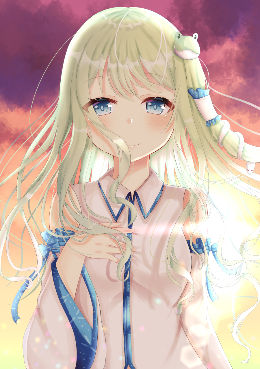 arm_up backlighting blonde_hair blue_eyes blush detached_sleeves diffraction_spikes eyebrows_visible_through_hair frog_hair_ornament hair_blowing hair_ornament hair_tubes hand_on_own_chest highres kochiya_sanae lens_flare long_hair looking_at_viewer nibosisuzu outdoors red_clouds smile snake_hair_ornament solo standing sunset touhou twilight upper_body very_long_hair wind