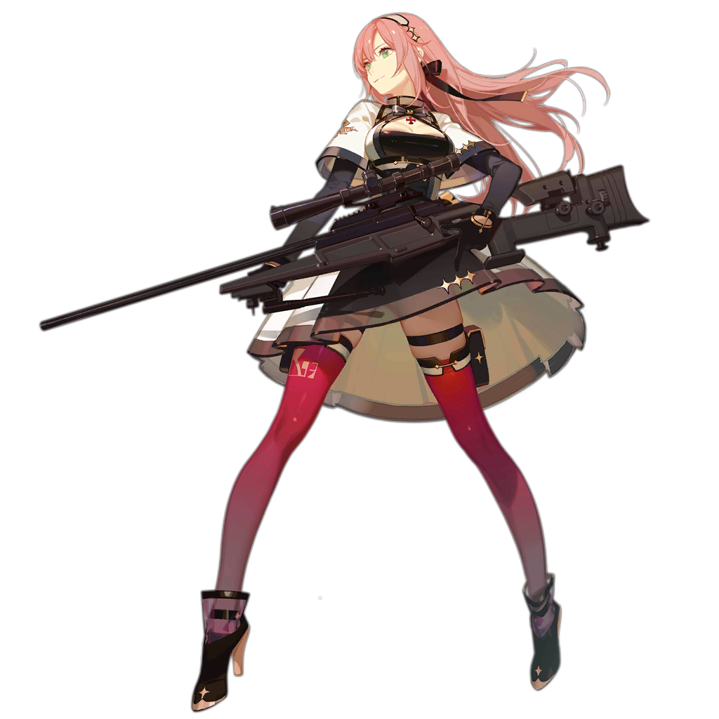 1girl ask_(askzy) bangs black_dress black_footwear black_gloves blaser_r93 bolt_action breasts capelet cleavage closed_mouth cross diamond_(shape) diamond_hair_ornament dress floating_hair full_body girls_frontline gloves green_eyes gun hair_between_eyes hair_ornament hair_ribbon headdress high_heels holding holding_gun holding_weapon long_sleeves looking_afar pink_hair pouch r39_(girls_frontline) red_legwear ribbon rifle see-through sidelocks skindentation smile sniper_rifle solo standing thigh-highs thigh_strap thighs transparent_background trigger_discipline weapon