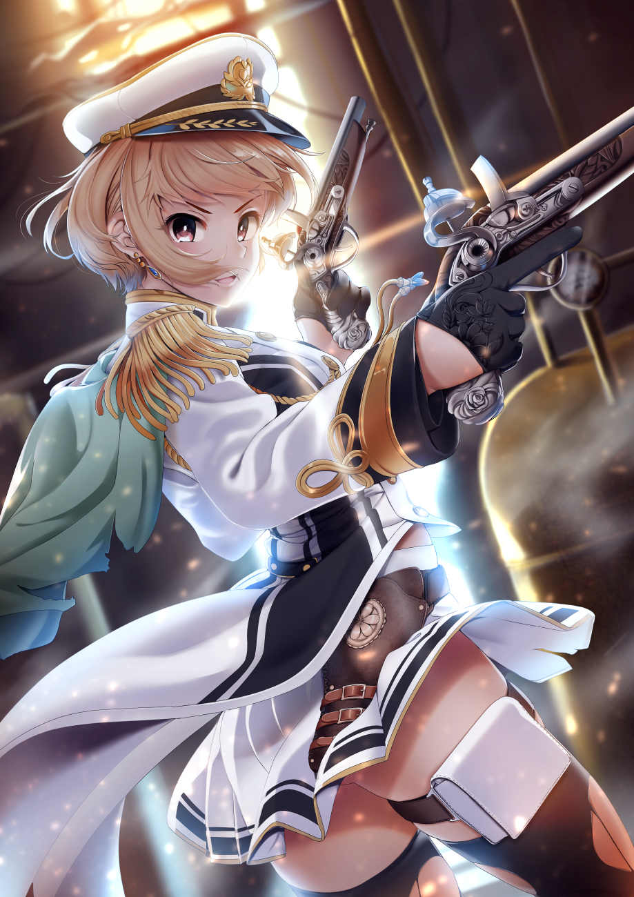 1girl :d aiba_yumi antique_firearm ass black_gloves black_legwear blonde_hair blurry blurry_background casino_(casinoep) commentary_request depth_of_field dutch_angle earrings epaulettes firearm firelock flintlock gloves gun half_gloves hat highres holding holding_gun holding_weapon idolmaster idolmaster_cinderella_girls idolmaster_cinderella_girls_starlight_stage jacket jewelry long_sleeves looking_at_viewer military_hat military_jacket open_mouth peaked_cap pleated_skirt red_eyes seizon_honnou_valkyria skirt smile solo thigh-highs torn_clothes torn_legwear weapon white_headwear white_jacket white_skirt