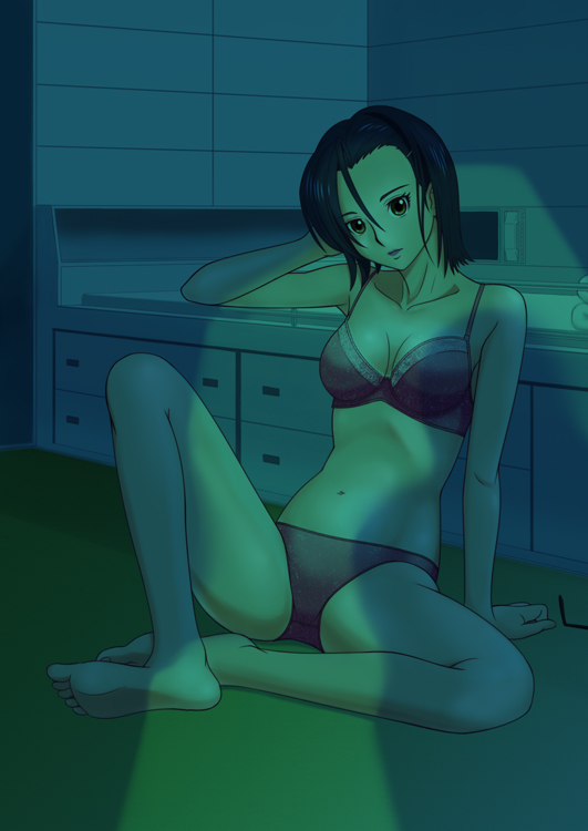 1girl arm_support barefoot black_hair bra breasts brown_eyes cap_(dkdm-d) cleavage collarbone full_body hair_between_eyes hand_in_hair head_tilt indoors looking_at_viewer medium_breasts navel niimi_kaoru panties purple_bra purple_panties shadow short_hair sitting soles solo uchuu_senkan_yamato uchuu_senkan_yamato_2199 underwear underwear_only