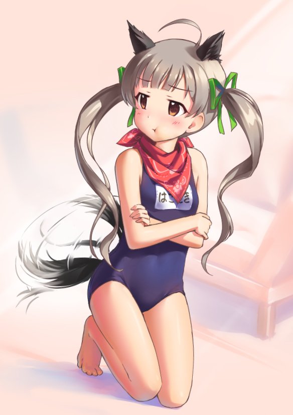 1girl ahoge animal_ears bangs blunt_bangs blush brown_eyes brown_hair closed_mouth couch crossed_arms dog_ears dog_tail eyebrows eyebrows_visible_through_hair green_ribbon hair_ornament hair_ribbon hakozaki_serika idolmaster idolmaster_million_live! idolmaster_million_live!_theater_days kawa_(kawask31) kneeling long_hair looking_at_viewer name_tag open_eyes red_scarf ribbon room scarf school_swimsuit swimsuit tail tail_wagging thighs twintails