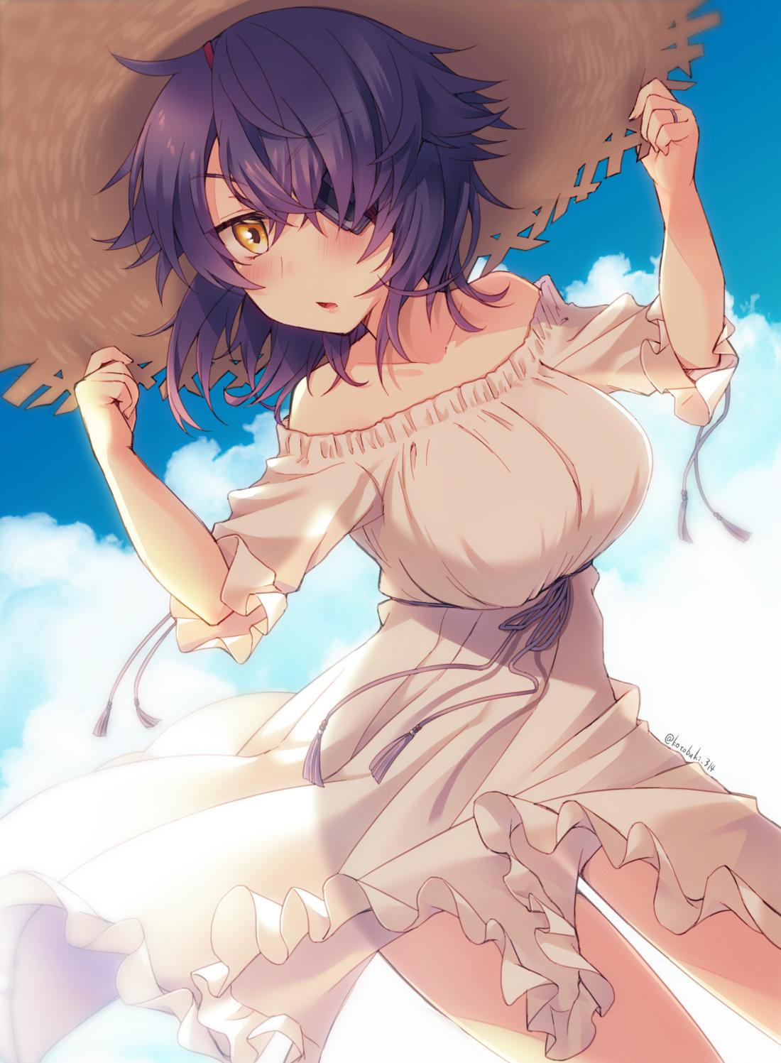 1girl artist_name bare_shoulders blush breasts brown_eyes collarbone dress eyebrows_visible_through_hair eyepatch hair_over_one_eye hat highres holding holding_hat kantai_collection kotobuki_(momoko_factory) large_breasts looking_at_viewer off-shoulder_dress off_shoulder parted_lips purple_hair short_hair short_sleeves solo straw_hat tenryuu_(kantai_collection) twitter_username white_dress