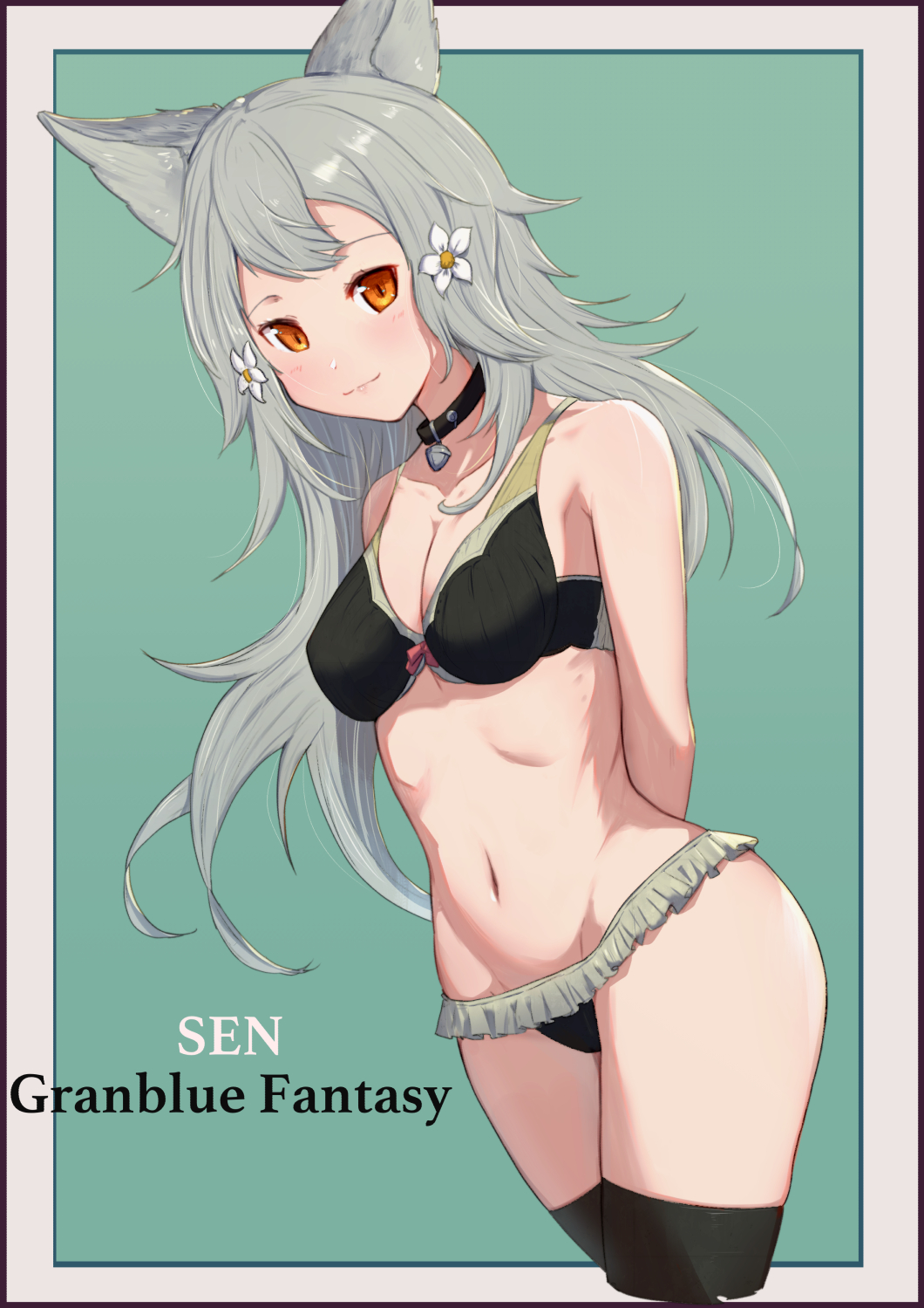 1girl animal_ears arms_behind_back bangs bare_shoulders bikini black_bikini black_collar black_legwear blush bow_bikini breasts character_name cleavage closed_mouth collar collarbone commentary_request erune flower frilled_bikini frills granblue_fantasy grey_hair hair_between_eyes hair_flower hair_ornament highres long_hair long_sleeves looking_at_viewer medium_breasts navel orange_eyes revision sen_(granblue_fantasy) simple_background smile solo standing stomach swimsuit thigh-highs uneg