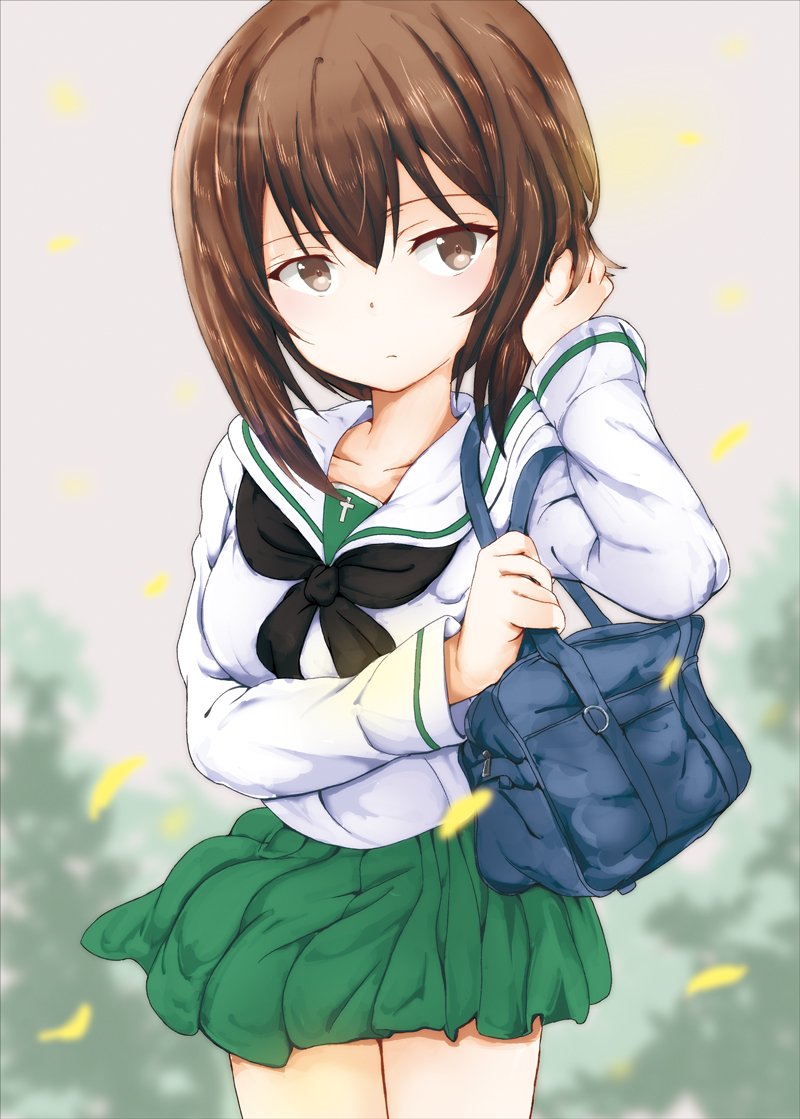 1girl alternate_costume bag bangs black_neckwear blouse blurry blurry_background blurry_foreground brown_eyes brown_hair carrying closed_mouth commentary cowboy_shot day depth_of_field girls_und_panzer green_skirt hand_in_hair light_frown long_sleeves looking_at_viewer miniskirt neckerchief nishizumi_maho ooarai_school_uniform outdoors petals pleated_skirt school_bag school_uniform serafuku shibagami short_hair skirt solo white_blouse wind