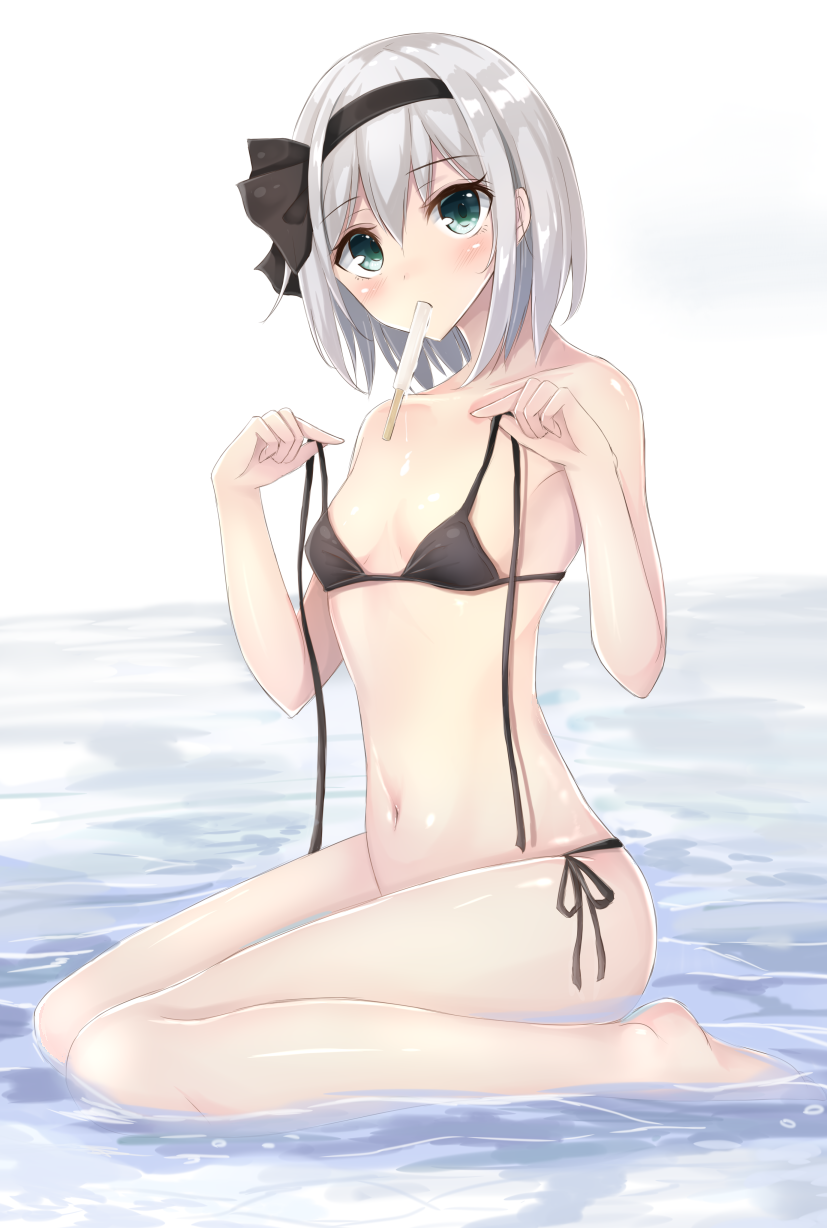 1girl bangs bare_arms bare_legs bare_shoulders barefoot bikini black_bikini black_hairband black_ribbon blush breasts collarbone commentary_request eyebrows_visible_through_hair food_in_mouth full_body green_eyes hair_between_eyes hair_ribbon hairband hands_up head_tilt highres konpaku_youmu looking_at_viewer mouth_hold navel ribbon sakuramochi_usa short_hair side-tie_bikini sidelocks silver_hair sitting small_breasts solo stomach swimsuit thighs touhou untied untied_bikini wariza water white_background