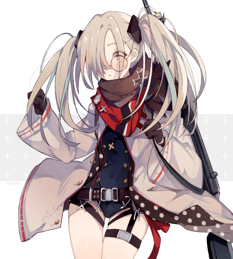 1girl bangs blue_hair blue_leotard blush brown_gloves brown_scarf captain_yue commentary cowboy_shot eyebrows_visible_through_hair eyes_visible_through_hair girls_frontline glasses gloves grey_background grey_hair gun h&amp;k_hk21 hair_ornament hair_over_one_eye hands_up hk21_(girls_frontline) iron_cross jacket leotard long_hair long_sleeves looking_at_viewer multicolored_hair open_clothes open_jacket parted_lips round_eyewear scarf solo streaked_hair thigh_gap thigh_strap twintails two-tone_background weapon weapon_on_back white_background white_jacket wide_sleeves