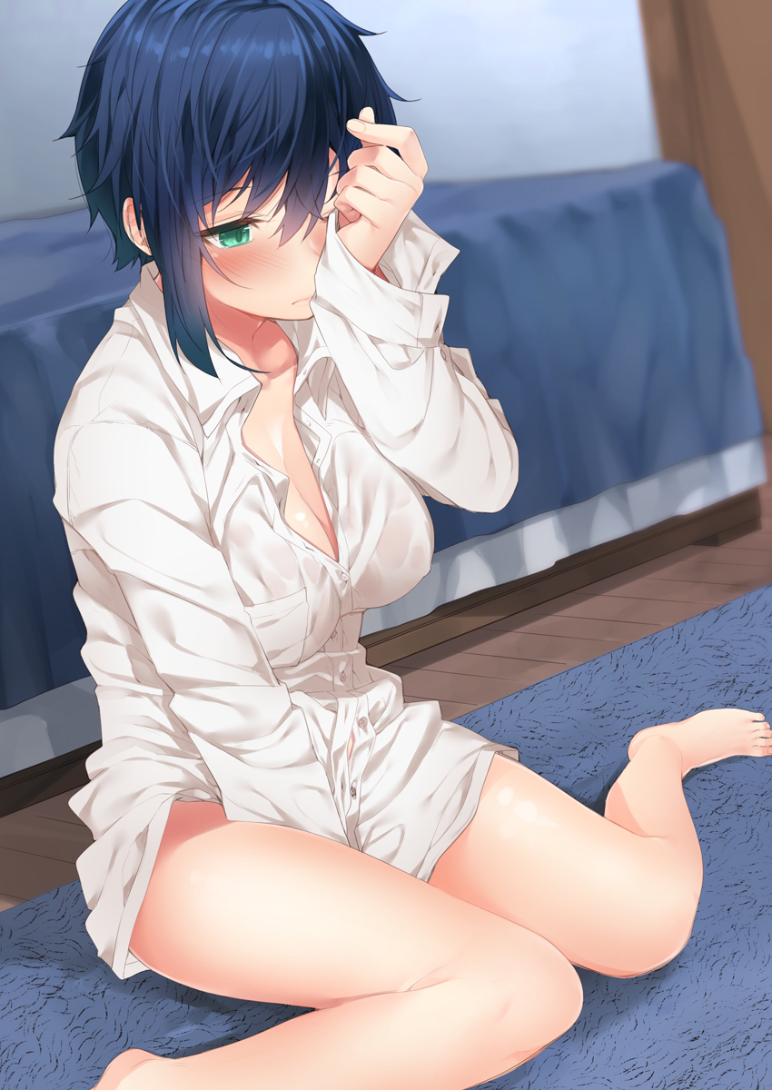 1girl bangs bare_legs barefoot blue_hair blush breasts closed_mouth collared_shirt commentary_request dress_shirt eyebrows_visible_through_hair green_eyes highres indoors large_breasts long_sleeves nigo_(aozoragarou) original shirt short_hair sitting sleeves_past_wrists solo wariza white_shirt