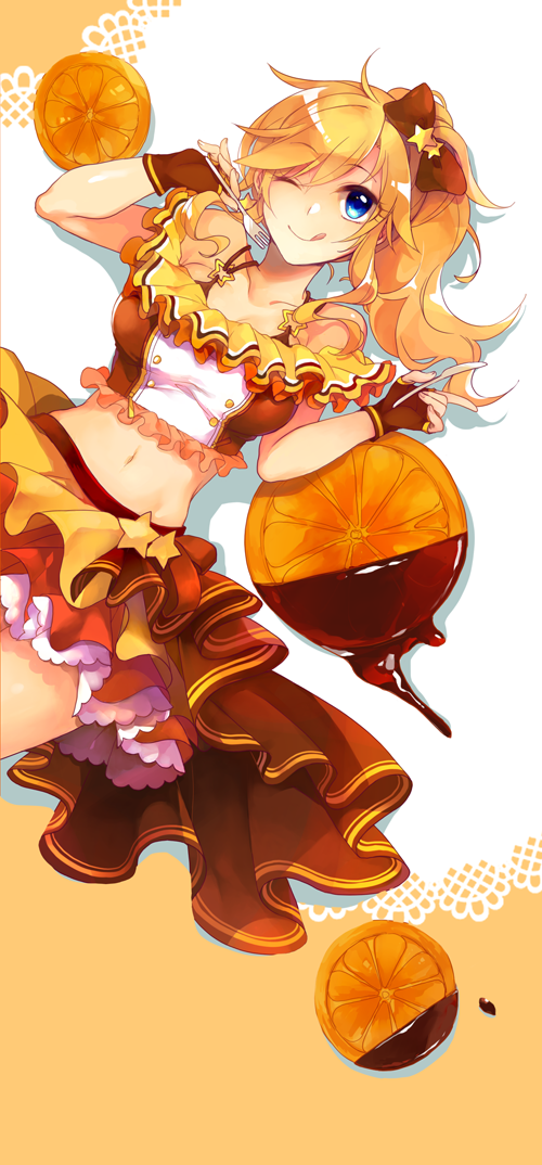 1girl bare_shoulders blonde_hair blue_eyes bow breasts chocolate collarbone commentary_request cowboy_shot eyebrows_visible_through_hair fingerless_gloves food fork frills fruit gloves hair_between_eyes hair_ornament hazuki_(nature.) idolmaster idolmaster_cinderella_girls long_hair looking_at_viewer lying medium_breasts navel on_bakc one_eye_closed ootsuki_yui short_sleeves skirt smile solo star tongue tongue_out