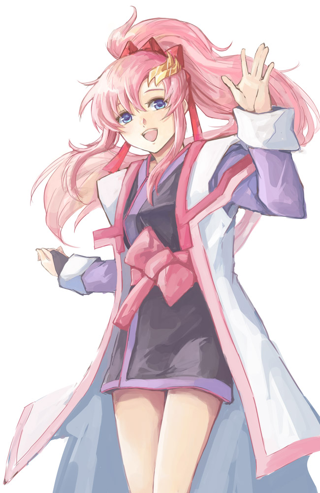 1girl :d black_kimono blue_eyes cape floating_hair gundam gundam_seed hair_between_eyes hair_ornament hair_ribbon high_ponytail japanese_clothes kimono lacus_clyne long_hair long_sleeves looking_at_viewer open_mouth pink_hair ribbon short_kimono simple_background smile solo standing thigh_gap very_long_hair white_background white_cape yuuka_seisen