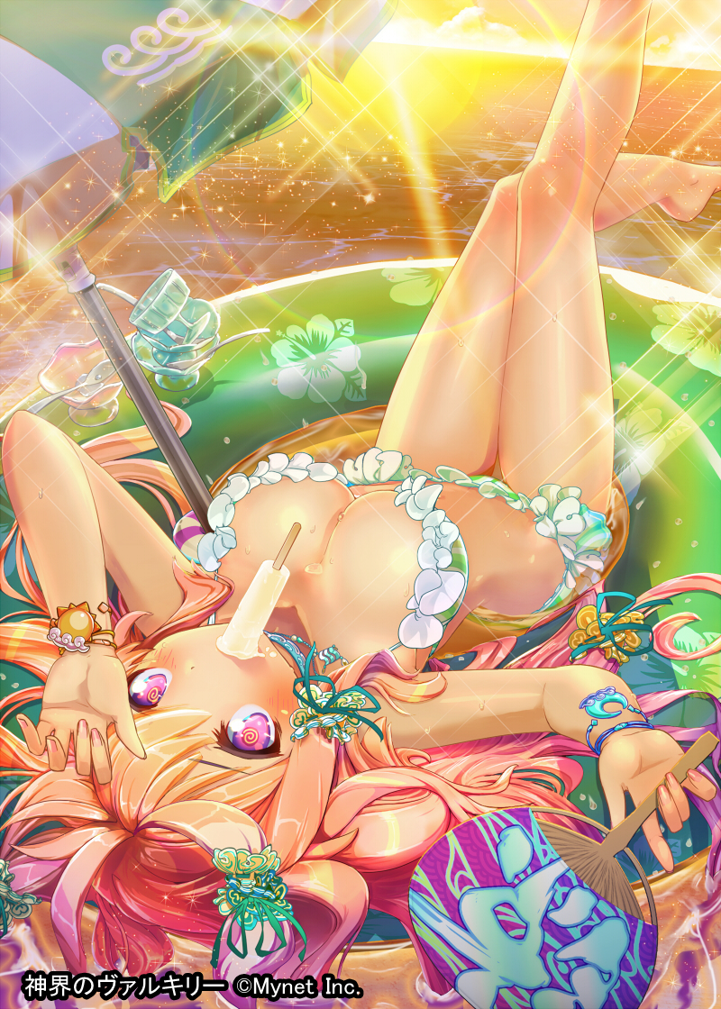 1girl al_bhed_eyes barefoot bikini blonde_hair blush bracelet breasts breath cleavage fan floral_print food hair_ornament hot innertube jewelry large_breasts leg_up legs long_hair lying nail_polish navel ocean official_art on_back open_mouth paper_fan popsicle shaved_ice shinkai_no_valkyrie side-tie_bikini solo sunset swimsuit umbrella uro_(oolong) violet_eyes water wet