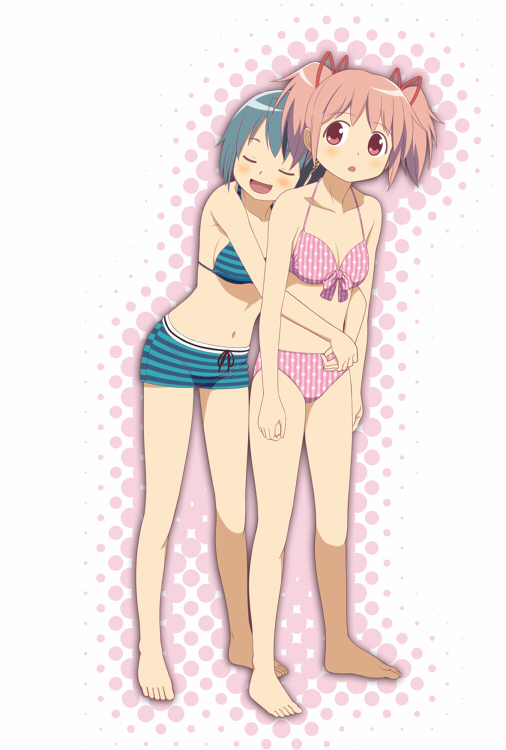 2girls :d barefoot bikini bikini_shorts black_ribbon blue_bikini blue_hair blush breasts cap_(dkdm-d) cleavage closed_eyes collarbone front-tie_bikini front-tie_top full_body hair_ribbon hug hug_from_behind kaname_madoka leaning_forward mahou_shoujo_madoka_magica miki_sayaka multiple_girls navel open_mouth pink_bikini pink_hair red_eyes red_ribbon ribbon shiny shiny_hair short_hair shorts sideboob small_breasts smile striped striped_bikini swimsuit twintails white_background