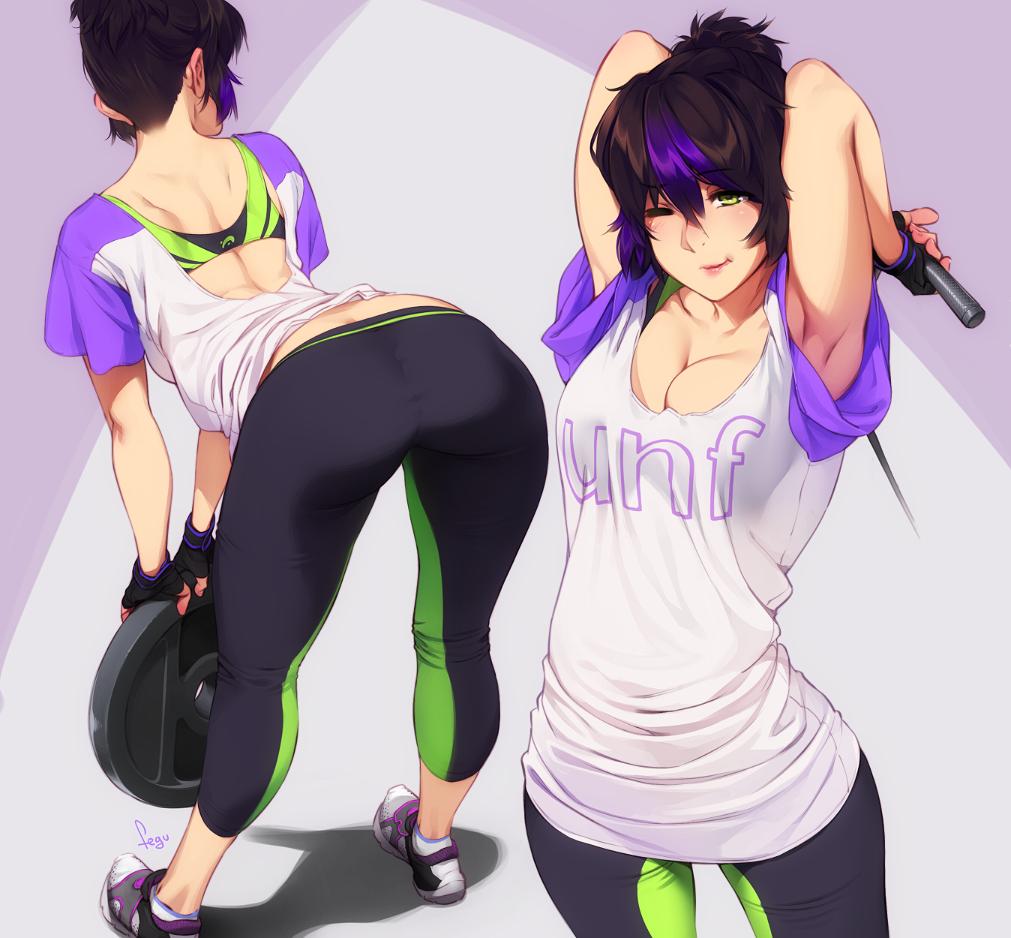 1girl arms_behind_head artist_name ass backless_outfit bent_over breasts brown_hair cleavage clothes_writing commentary english_commentary exercise feguimel fingerless_gloves from_behind gloves large_breasts multicolored_hair multiple_views one_eye_closed original pants purple_hair shirt shoes short_hair simple_background sneakers sports_bra standing streaked_hair t-shirt weights yoga_pants