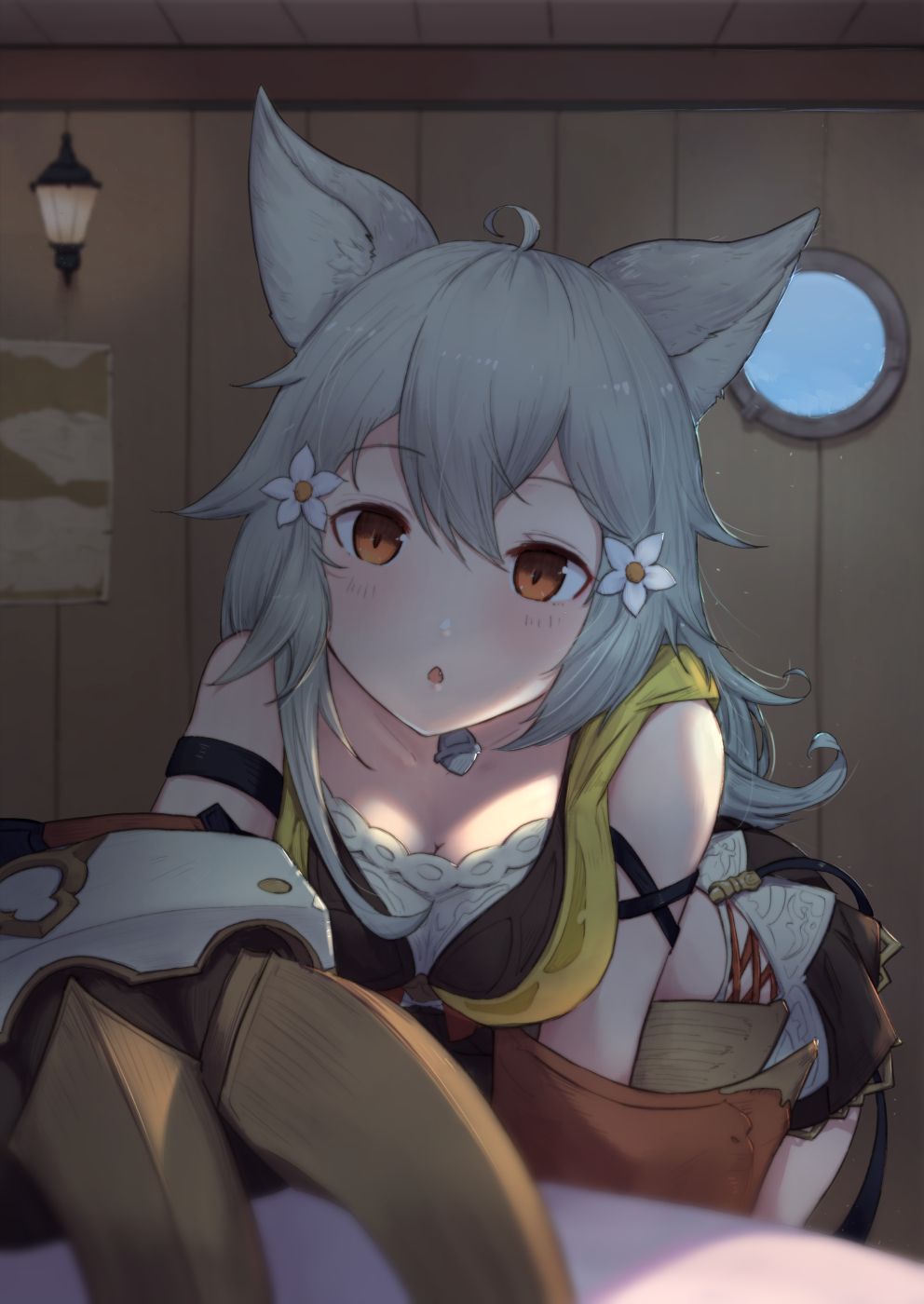 1girl ahoge animal_ear_fluff animal_ears bangs bare_shoulders bell blurry blurry_foreground blush breasts brown_eyes brown_skirt chestnut_mouth claw_(weapon) cleavage collarbone commentary_request depth_of_field erune eyebrows_visible_through_hair fang flower granblue_fantasy grey_hair hair_between_eyes hair_flower hair_ornament head_tilt highres jingle_bell leaning_forward long_hair looking_at_viewer medium_breasts parted_lips round_window sen_(granblue_fantasy) skirt solo uneg wall_lamp weapon white_flower window wooden_wall