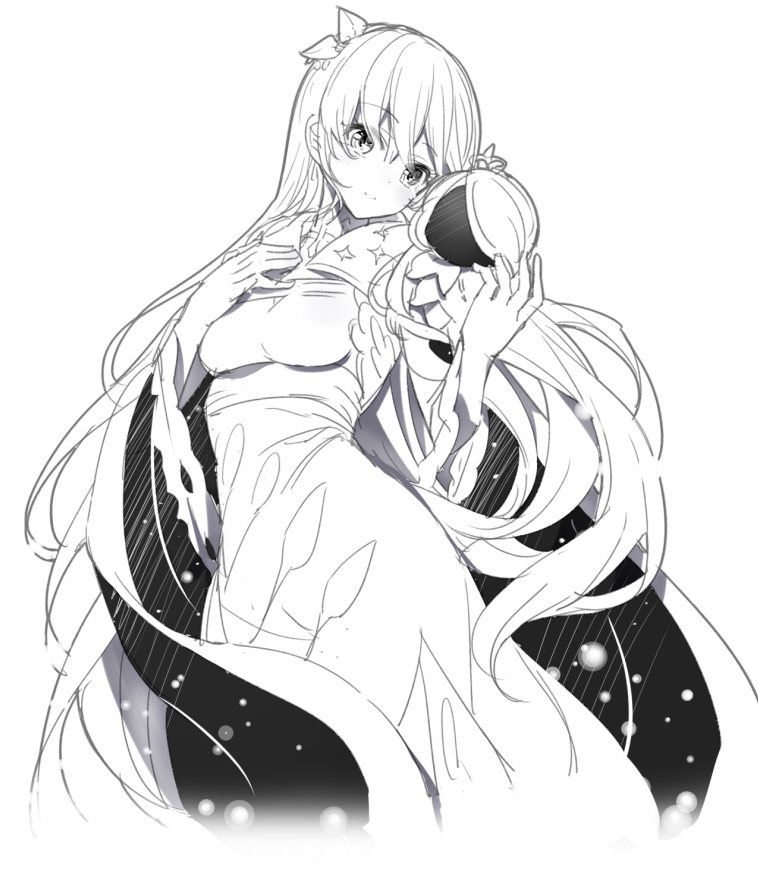 1girl anastasia_(fate/grand_order) bangs blush breasts cloak closed_mouth commentary_request cropped_torso crown dress eyebrows_visible_through_hair fate/grand_order fate_(series) greyscale hair_between_eyes hand_up long_hair medium_breasts mini_crown monochrome ririko_(zhuoyandesailaer) royal_robe simple_background smile solo very_long_hair white_background
