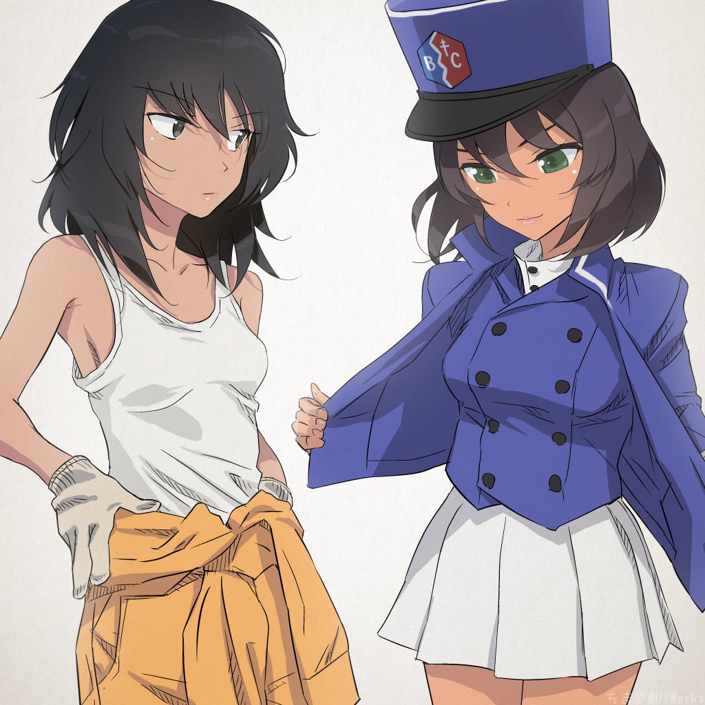 2girls akagi_(fmttps) andou_(girls_und_panzer) artist_name bangs bc_freedom_(emblem) bc_freedom_military_uniform black_eyes black_hair blue_headwear blue_jacket blue_vest brown_hair closed_mouth clothes_around_waist commentary cosplay costume_switch cowboy_shot dark_skin dress_shirt emblem eyebrows_visible_through_hair girls_und_panzer gloves green_eyes grey_background hands_on_hips hat high_collar hoshino_(girls_und_panzer) jacket jumpsuit light_frown lips long_sleeves looking_at_another looking_down mechanic medium_hair messy_hair military military_hat military_uniform miniskirt multiple_girls open_clothes open_jacket opened_by_self orange_jumpsuit pleated_skirt shako_cap shirt short_hair skirt smile standing tank_top twitter_username uniform vest white_gloves white_shirt white_skirt