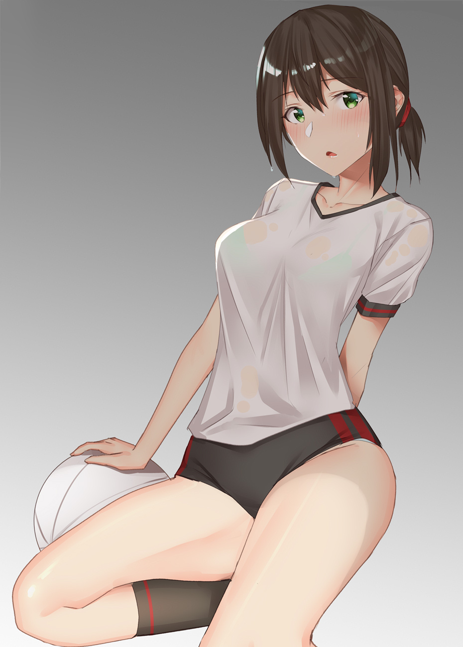 1girl ball black_hair black_legwear blush breasts fubuki_(kantai_collection) gradient gradient_background green_eyes gym_shirt gym_shorts gym_uniform hair_between_eyes highres kantai_collection large_breasts looking_at_viewer low_ponytail open_mouth pallad ponytail shirt short_ponytail short_sleeves shorts sidelocks socks solo thighs white_shirt