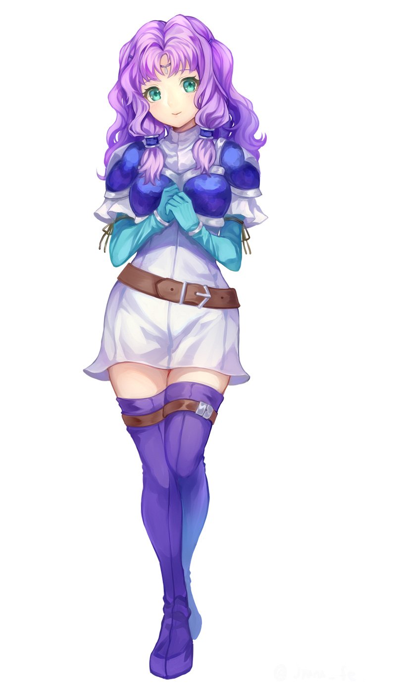 1girl armor blue_eyes blush dress fingerless_gloves fire_emblem fire_emblem:_rekka_no_ken florina full_body gloves green_eyes hair_ornament highres jewelry jurge long_hair looking_at_viewer nintendo pegasus_knight purple_hair simple_background smile solo thigh-highs