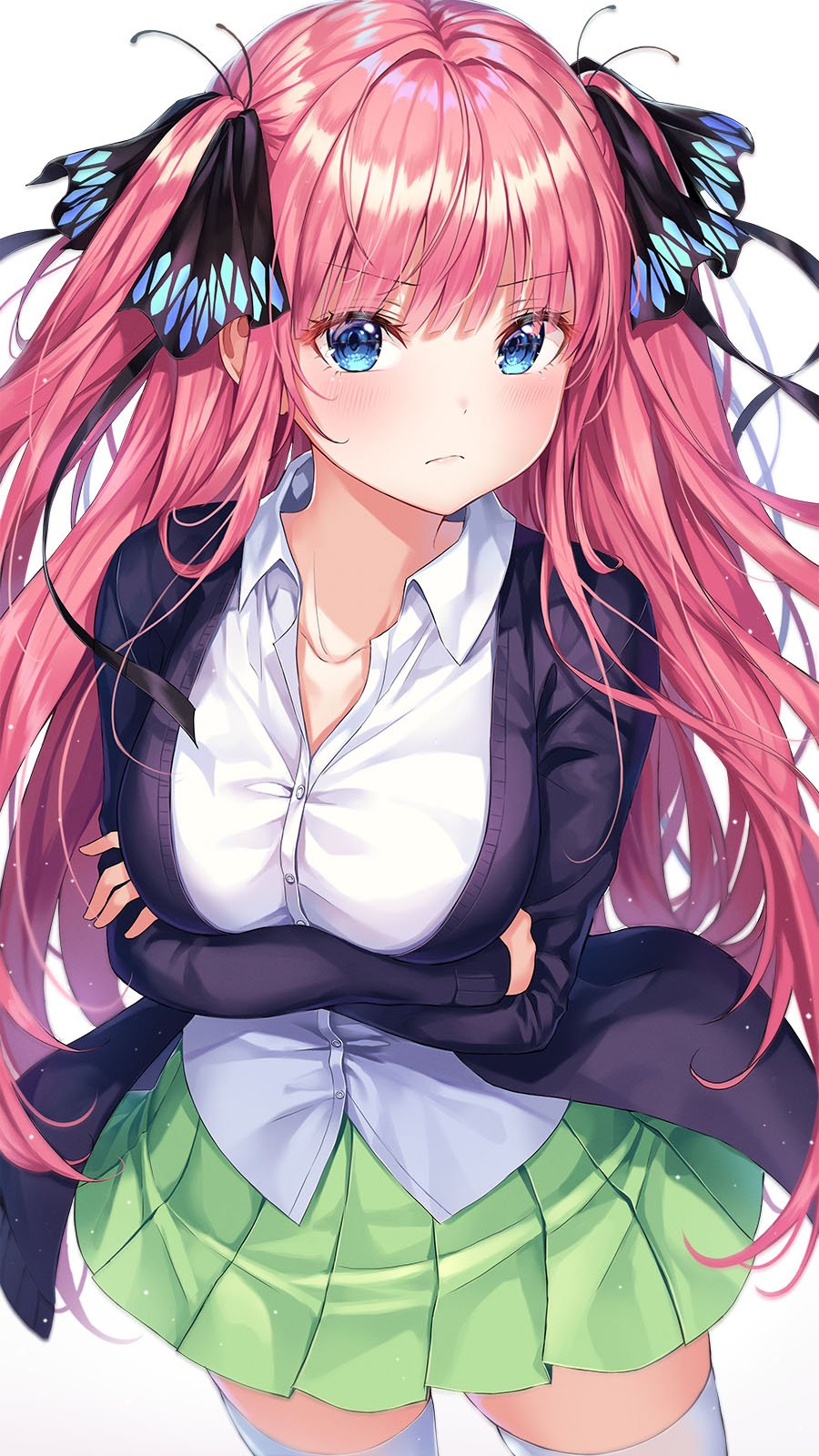 1girl blue_eyes blush breast_hold breasts butterfly_hair_ornament cardigan closed_mouth collarbone collared_shirt cowboy_shot crossed_arms dress_shirt eyebrows_visible_through_hair frown go-toubun_no_hanayome green_skirt hair_ornament hair_ribbon highres large_breasts long_hair looking_at_viewer miniskirt nakano_nino open_cardigan open_clothes pink_hair pleated_skirt r_o_ha ribbon school_uniform shirt sidelocks simple_background skirt solo standing thigh-highs two_side_up very_long_hair white_background white_legwear zettai_ryouiki