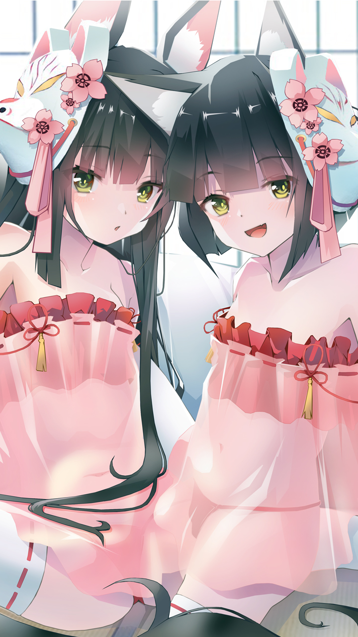 2girls animal_ear_fluff animal_ears azitama_atsushi_(attyuu) azur_lane bare_shoulders black_hair bra camisole collarbone commentary_request face-to-face fox_ears green_eyes highres long_hair looking_at_viewer mask mask_on_head multiple_girls mutsu_(azur_lane) nagato_(azur_lane) navel off_shoulder open_mouth panties red_bra red_panties see-through short_hair sitting smile spread_legs thigh-highs underwear very_long_hair white_legwear